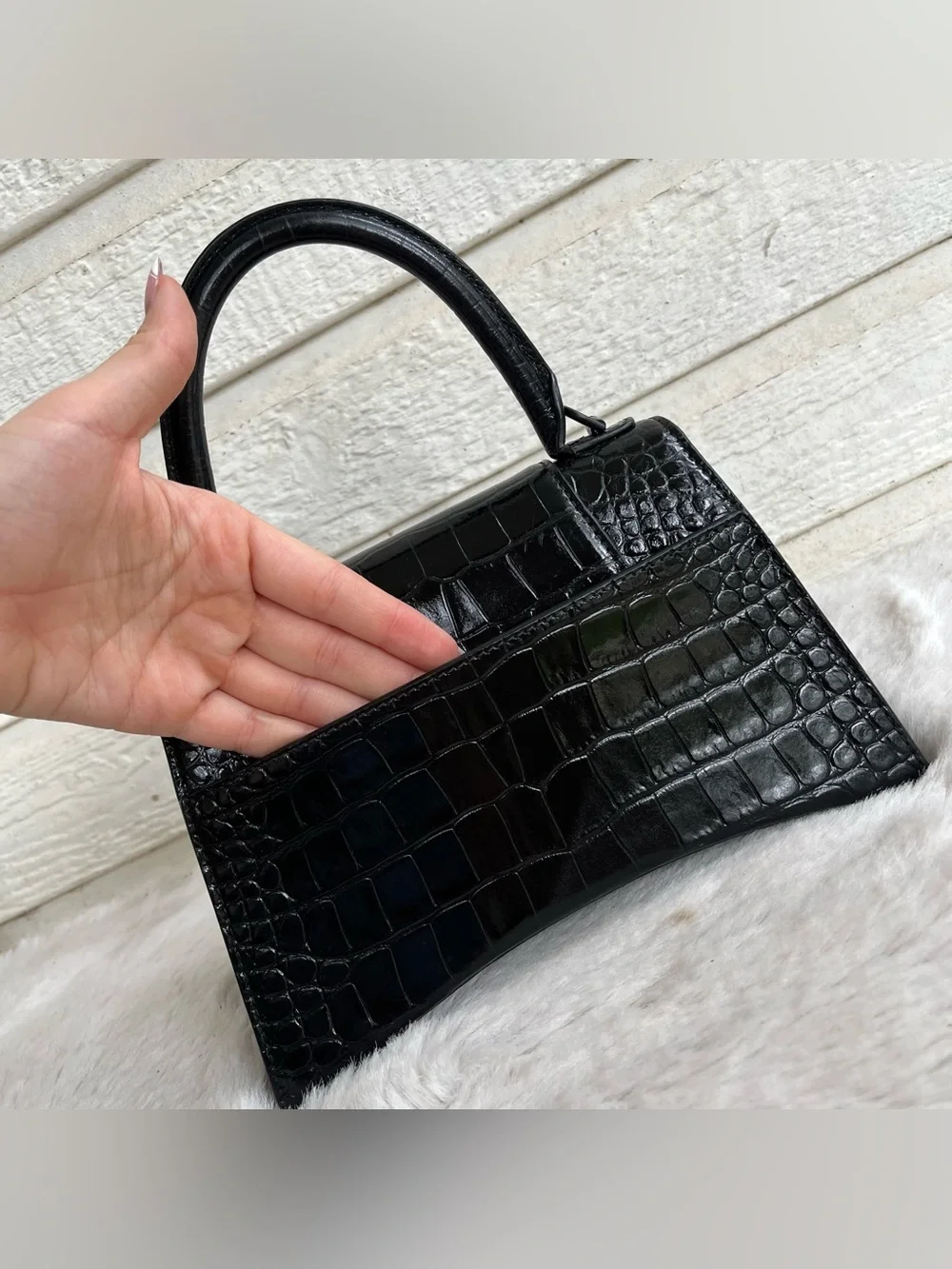 BALENCIAGA Black Croc Hourglass Mini Baguette Crossbody Flap Top Handle Handbag